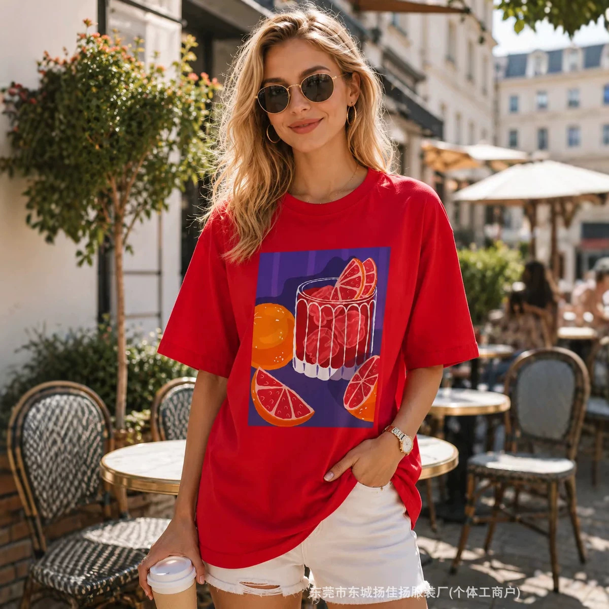American-Style Chic Versatile Trendy Ladylike Drink-Themed Niche Print Summer 100% Pure Cotton Short-Sleeve T-Shirt