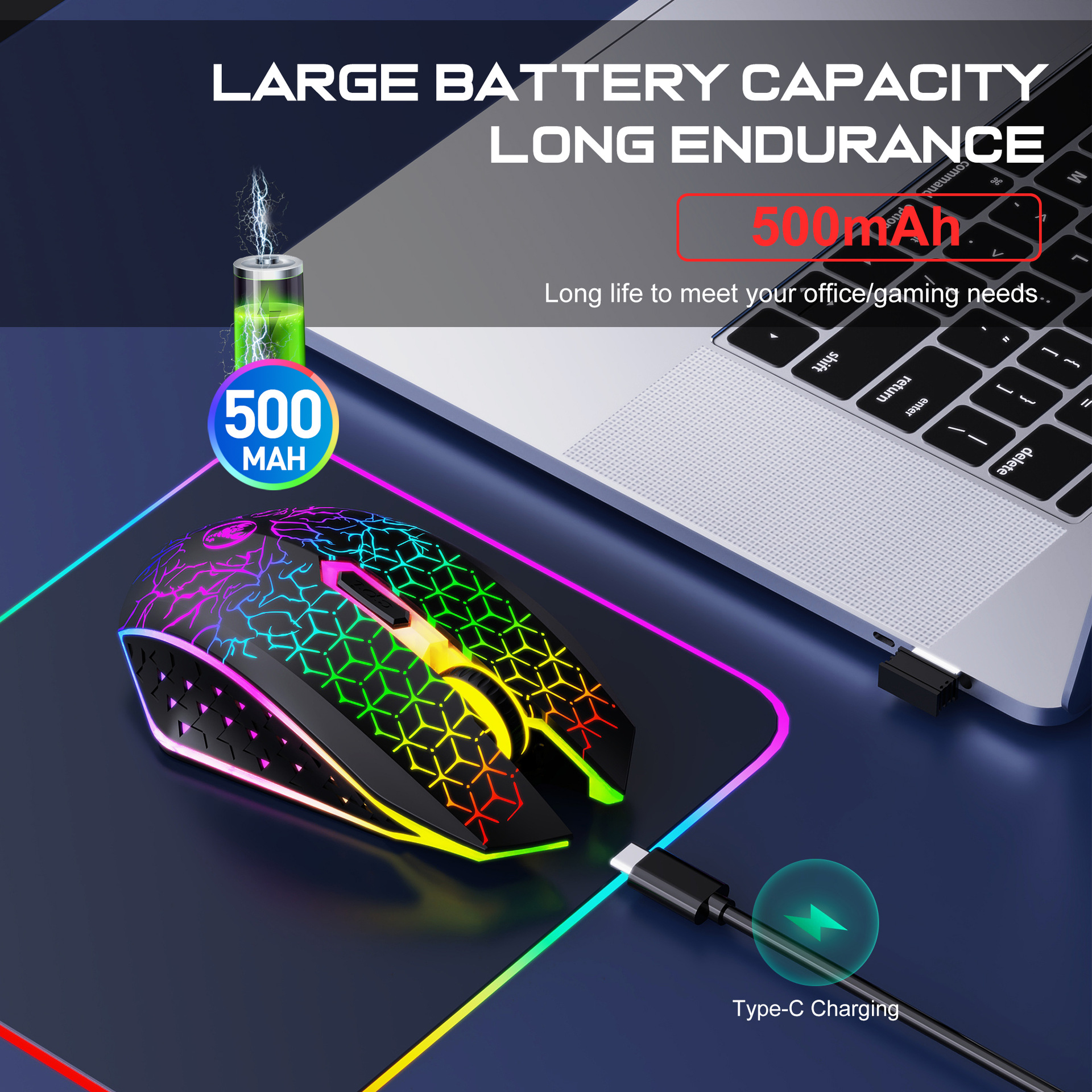 New T34 dual-mode wireless mouse with 2.4G+BT5.2 colorful LED 6D built-in 500mA battery_voghion.com