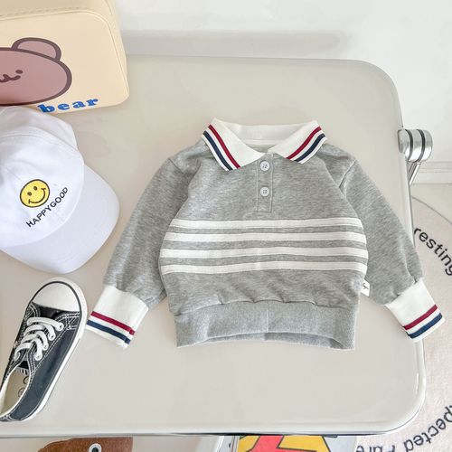 Korean Version  Spring and Summer Baby Boy Infant Set Baby Crew Neck Striped Set Stylish Outdoor Sports Set
