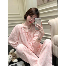 韩版甜粉少女蕾丝边纯棉睡衣女秋2025新款棉纱可外穿家居服套装潮
