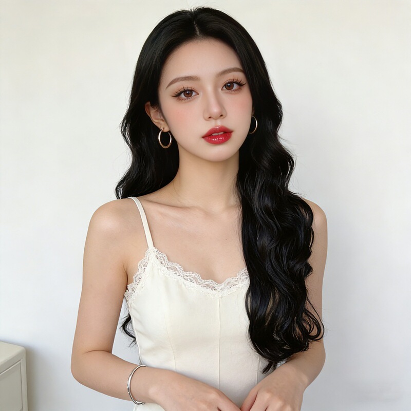 Wig Women's Mid Bangs Long Curly Hair Fashion Elegant Black Big Wave Simulation Hair Full Top Headgear Live with Goods