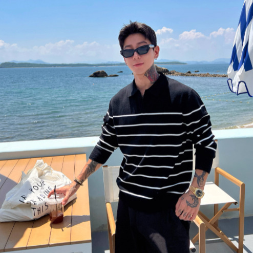 New Retro Sea Soul Shirt Seagull V Neck Knitwear Long-Sleeved Stripesd Knitwear Business Casual Men's Autumn and Winter Tops