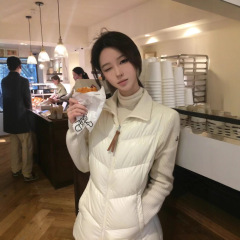 欧洲站蒙家羽绒服新款女短款立领保暖休闲显瘦针织袖拼接白鹅绒