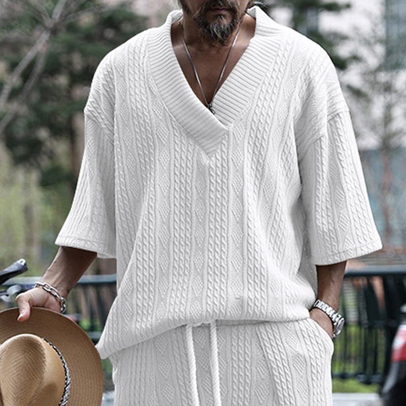 Cross-Border Camiseta de punto casual de los hombres de verano de manga corta suelta Amazon suelta gran cuello en V deportes color sólido camiseta de los hombres