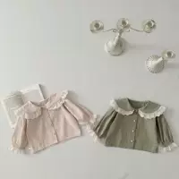 Детский весенне-осенний кружевной кардиган с большим отворотом и длинным рукавом в стиле INS, простое однорядное пальто с жемчужной пряжкой для девочки