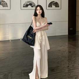 设计感不规则吊带上衣女开叉阔腿裤高腰显瘦休闲时尚两件套潮