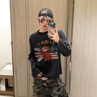 美式街头米字旗大舌头华夫格长袖t恤男女秋季轻亚风摇滚上衣卫衣