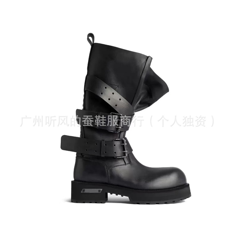 2025新款女厚底高筒机车靴英伦风复古皮带扣马丁靴增高毒液骑士靴|undefined
