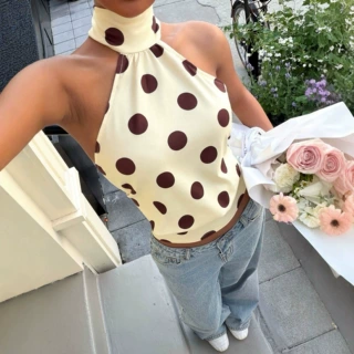 2026欧美夏季新款波点印花挂脖背心女士Y2K无袖绑带性感露背上衣