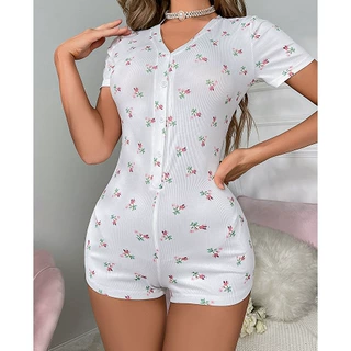 花卉连体女士睡衣夏季新款欧美碎花连体短裤家居服v领短袖连体衣
