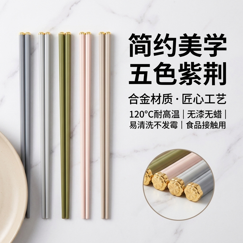 日式家用马卡龙色系网红合金筷防滑防霉耐高温一人一色紫荆花筷子