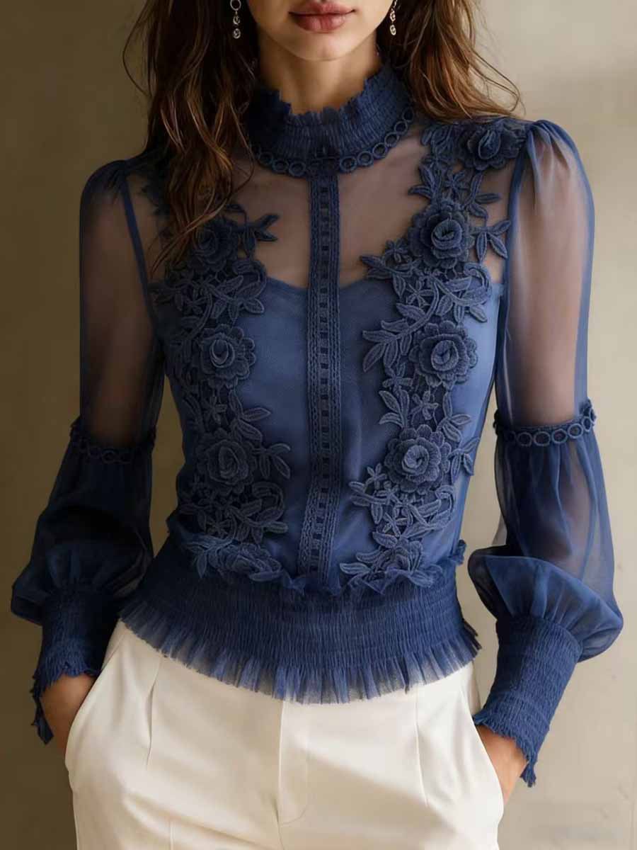 Damen T-shirt Mit Spitzenapplikationen Aus Dreidimensionalem Netz_voghion.com