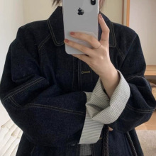 韩系小众设计感袖口拼接条纹翻领牛仔外套女春季新款时尚百搭上衣