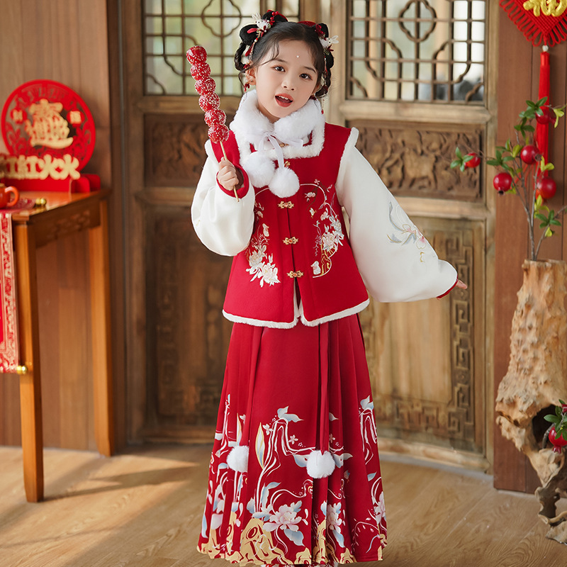 Girls chinese princess hanfu horse face skirt, thickened Ming style girl&apos;s Tang suit baby New Year greetings