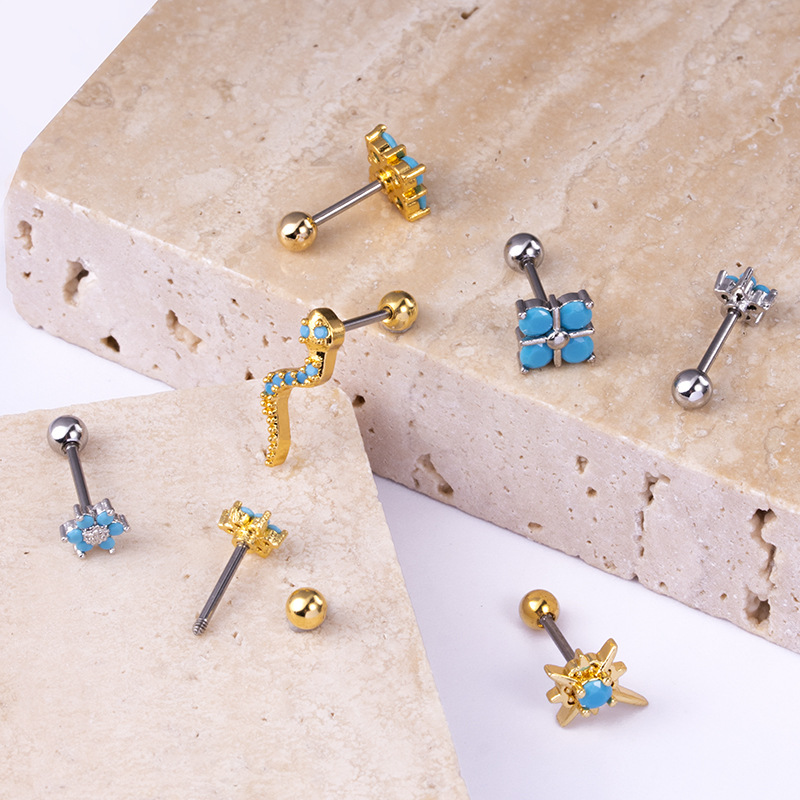 Fashion Round Flower Snake Stainless Steel Copper Plating Inlay Zircon Ear Studs 1 Piece