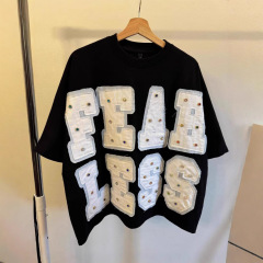 アメリカンハイストリート オーバーサイズ 花柄パッチ刺繍 半袖 男女兼用 夏新作 ゆったりスタイル 半袖トップス