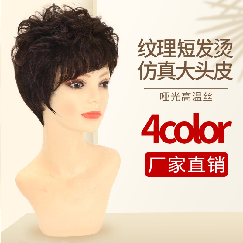 Wig Women's Short Hair Chemical Fiber Matte High Temperature Silk Middle-aged and Elderly Full Head Cover Curly Hair Mother Women's Wig Headgear