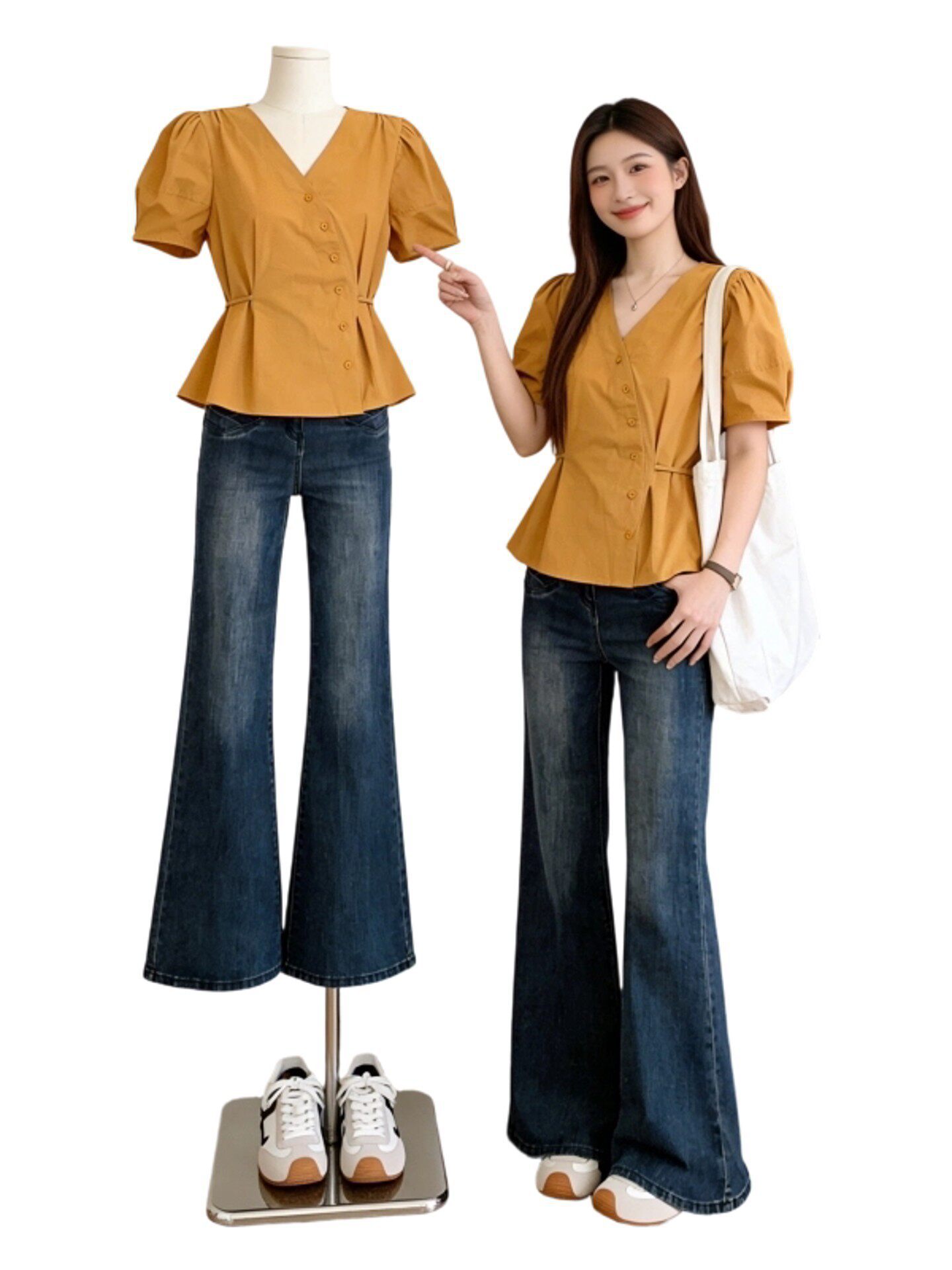 Áo sơ mi nữ cổ V tay ngắn phong cách Hàn Quốc, thiết kế eo ôm nhẹ — xanh lam
