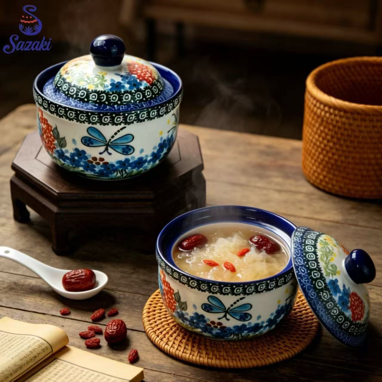 Sazaki Polish ceramic tableware set, bowls, plates, dishes, soup bowls, serving plates, home use, blue color