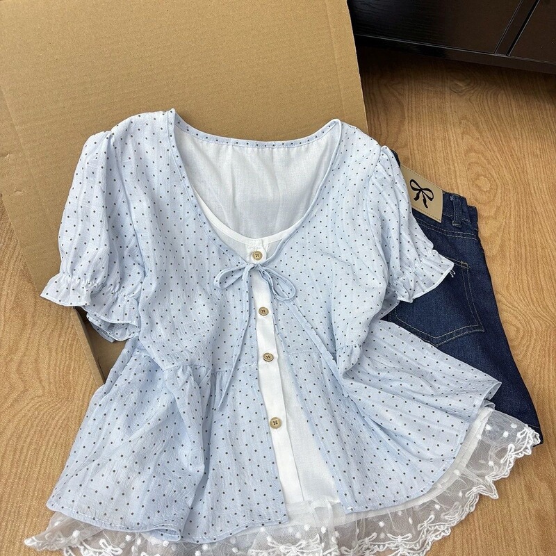 White Thin Polka Dot Faux Two-Piece Short-Sleeve Shirt for Women, Summer Lace Trim, Tie-Up Buttons, Puff Sleeve Top