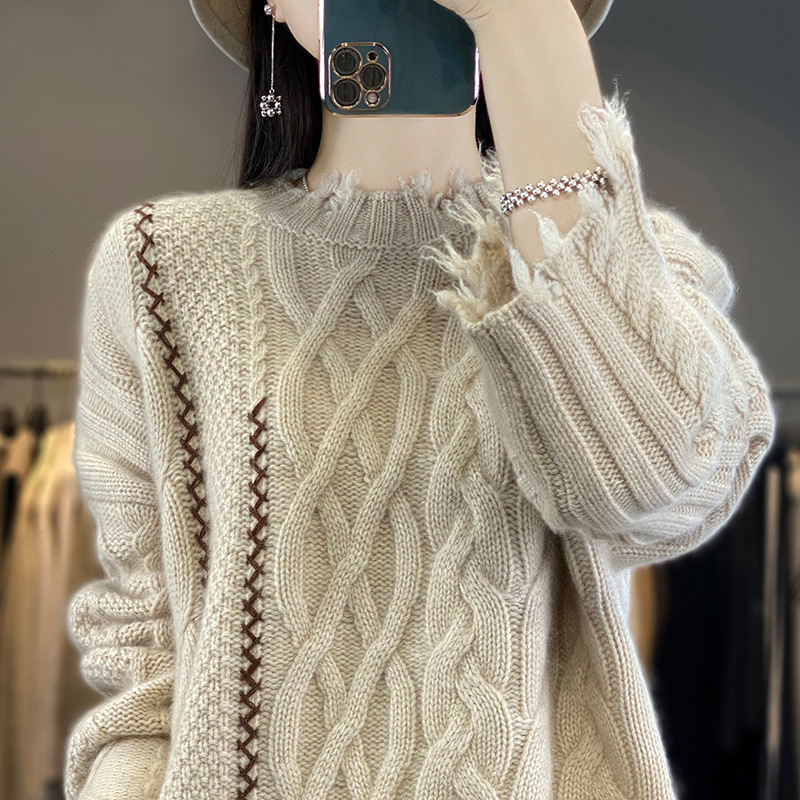 Unique design feeling broken plush edge 100 cashmere sweater round neck sweater for women 2023 new super nice top fashion