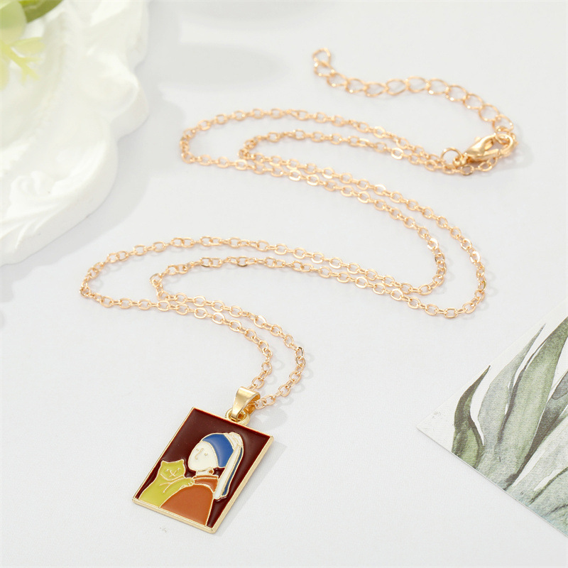 European Retro Alloy Drop Oil Van Gogh Oil Painting Square Pendant Collarbone Chain Female display picture 2