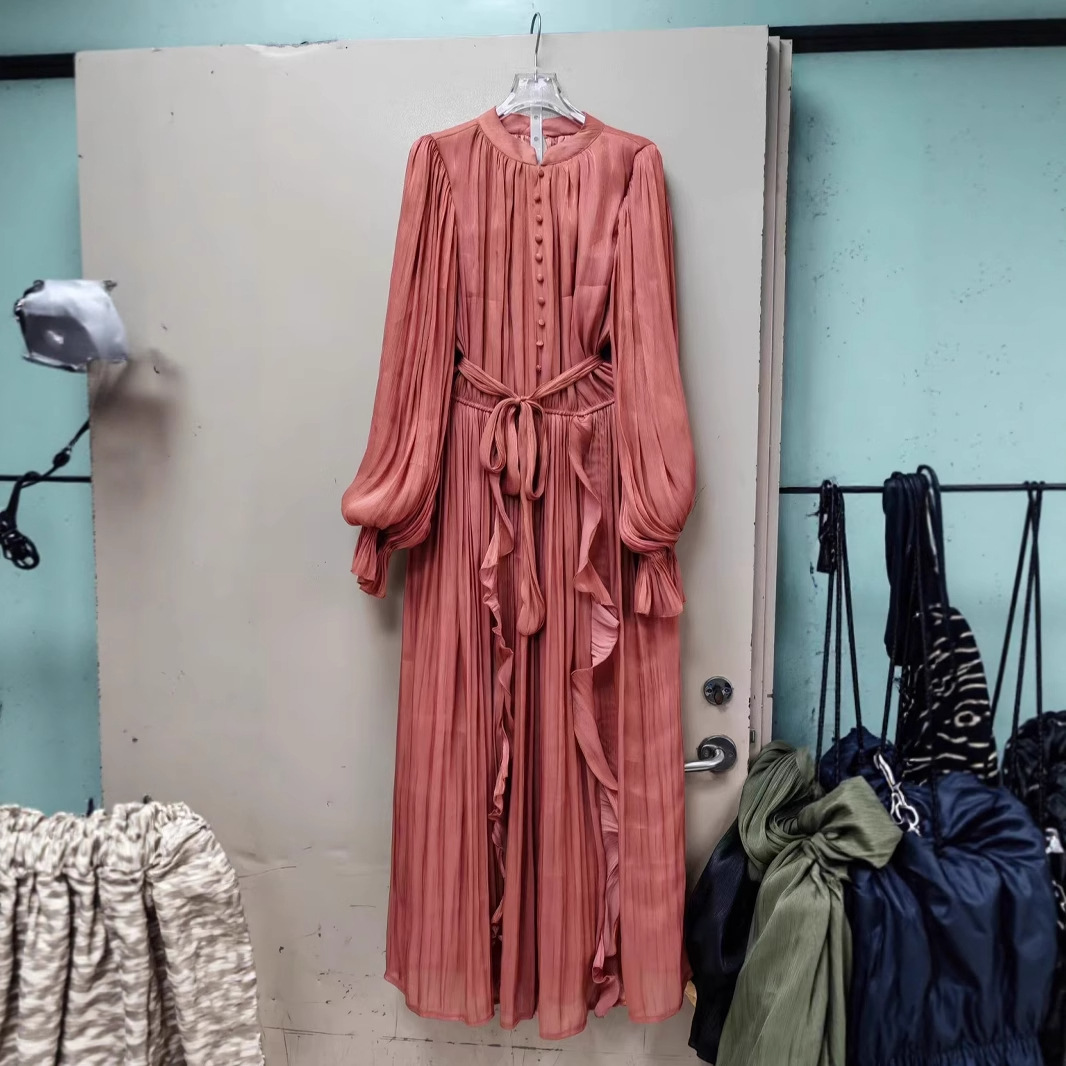 2025春秋新款圆领长袖复古荷叶边褶皱长裙连衣裙配腰带宽松跨境