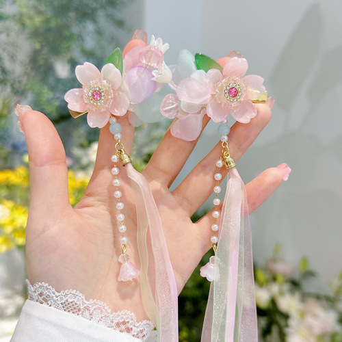 Children's hairpin Chinese style flower ribbon Hanfu clip Exquisite rhinestone bow antique style girls and children's hair accessories
