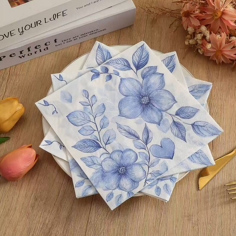 Blue watercolor floral print disposable napkins, ins-style table setting paper, western dining table decoration paper Blue watercolor floral print disposable napkins, ins-style table setting paper, western dining table decoration paper