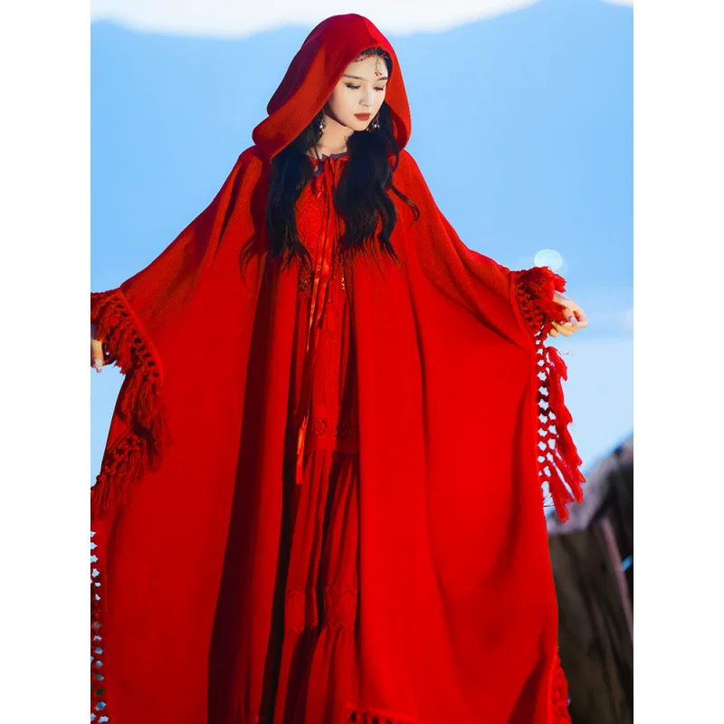 Бордовый тренч из провинции Цинхай с капюшоном, oversize