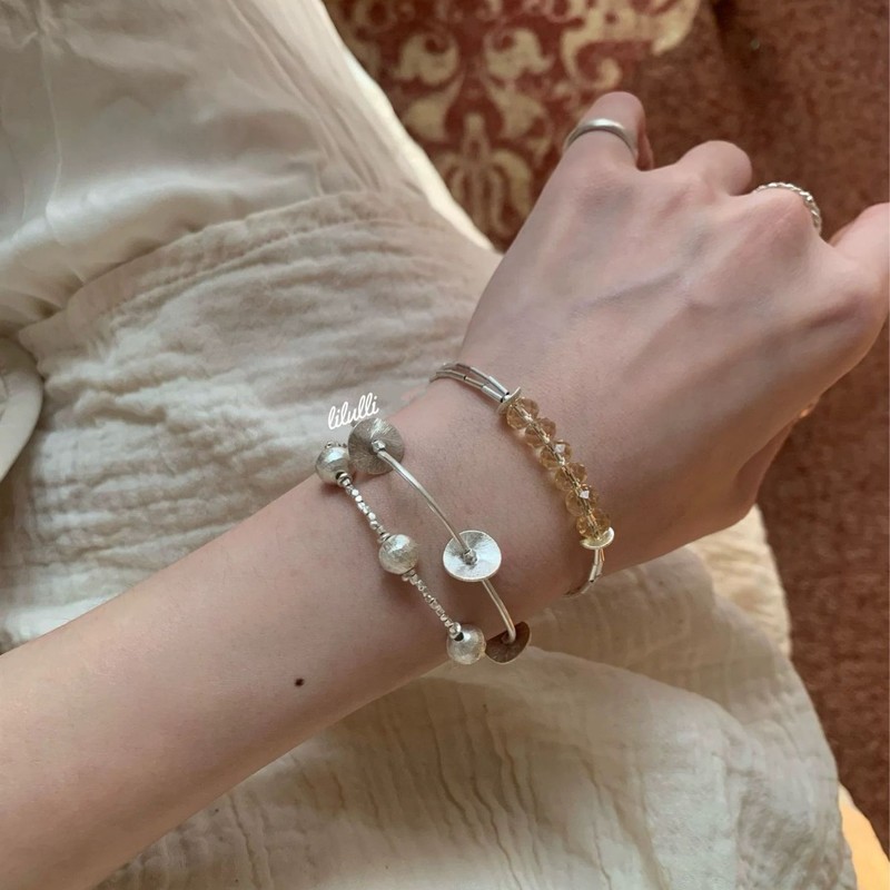 幸柿|天然透体巴西切割黄水晶泰银拉丝面银珠女叠戴高级感手串|undefined