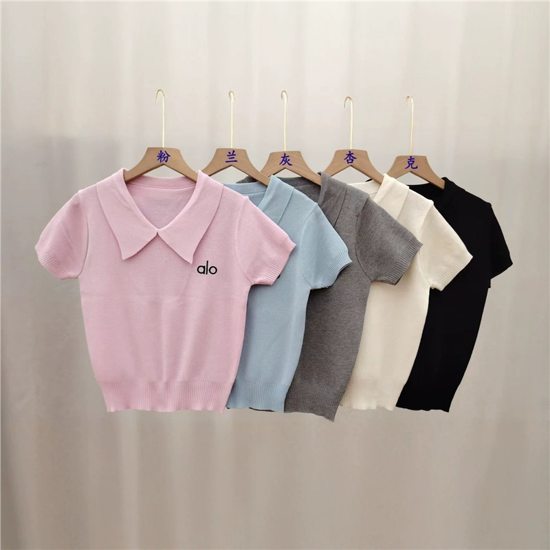 Korean-Style Embroidered Alo Short-Sleeve Knit Shirt for Women, New Summer Model, Regular Shoulder Fit, Versatile Polo Collar T-Shirt, Slim-Fit Knit Top Korean-Style Embroidered Alo Short-Sleeve Knit Shirt for Women, New Summer Model, Regular Shoulder Fit, Versatile Polo Collar T-Shirt, Slim-Fit Knit Top
