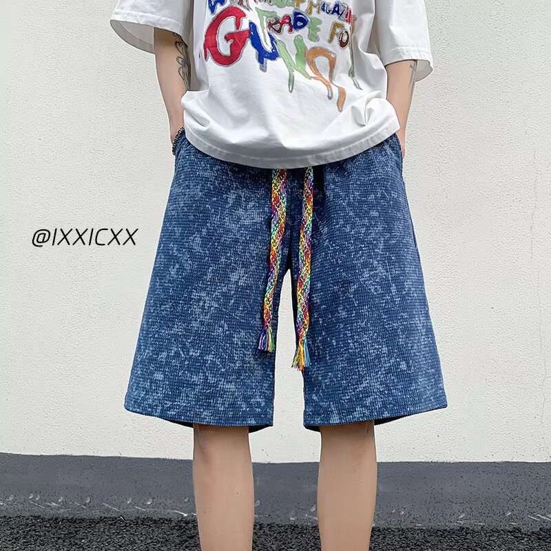 2024 Summer Waffle Tie-Dye American Style Five-Point Shorts for Men Trendy Beach Washed Vintage Sports Basketball Shorts