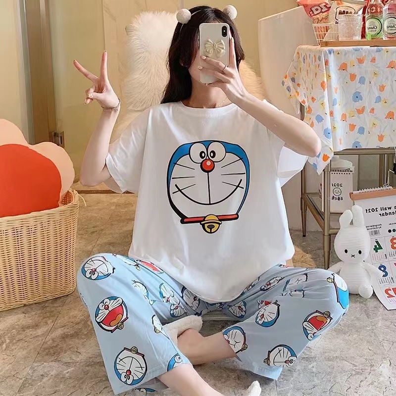 Pijamas para mujer, conjunto de verano de manga corta y pantalón largo para estar en casa, novedad 2025, primavera y otoño, estilo dibujos animados, estilo estudiantil, corte holgado.
