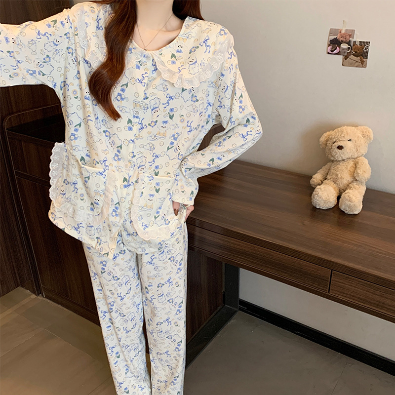 Primavera nueva nube de algodón pijama de otoño delgado flores dulces red en vivo ropa casera casera de dos piezas