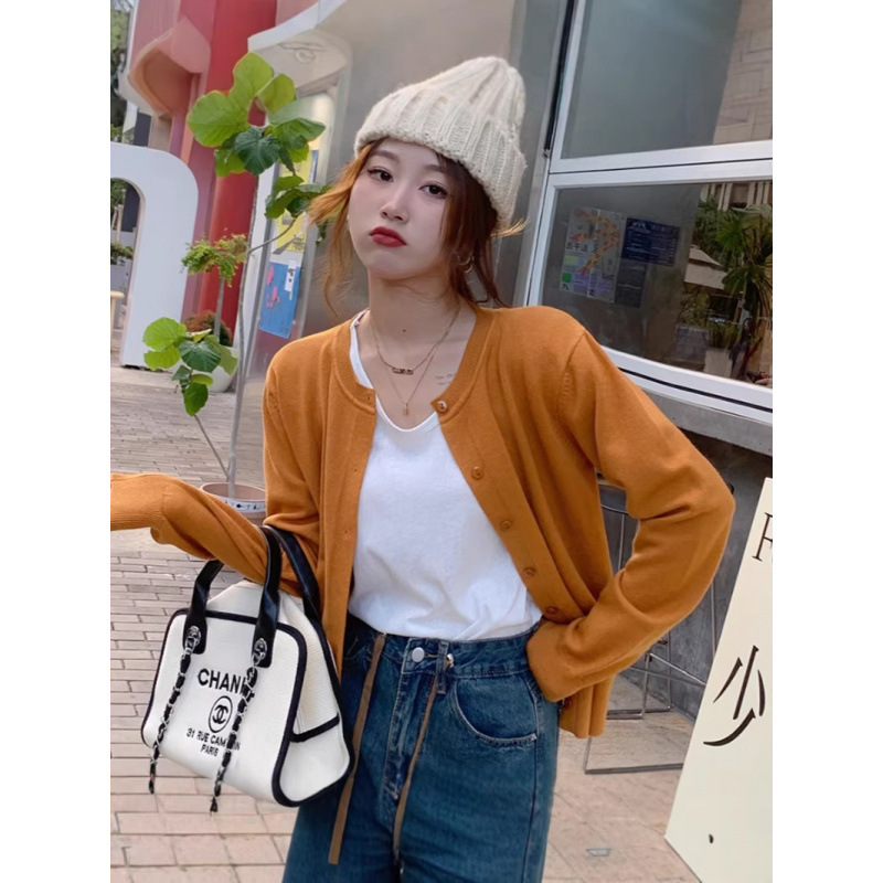 Spring and Autumn Popular Knitted Cardigan for Women, Korean Style, Round Neck, Loose Short Style, Cotton Cashmere Outer Sweater Jacket Top