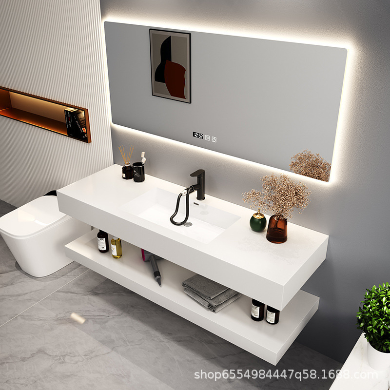 Rock plate seamless stitching ceramic integrated basin pure white simple high-end washstand bathroom mirror cabinet modern bathroom