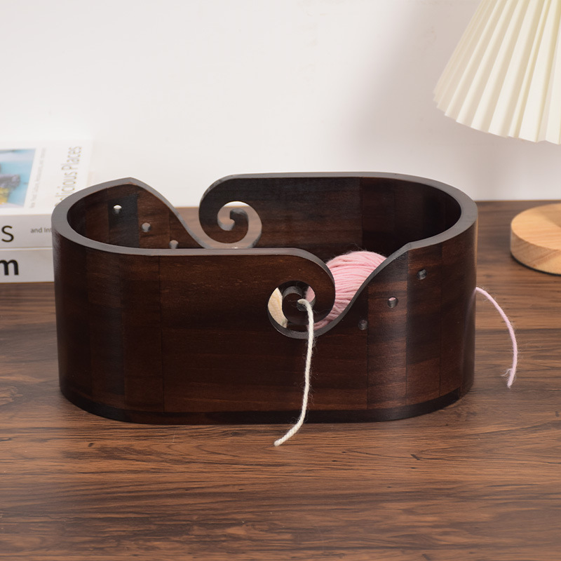 Tazón de lana ovalada de madera maciza retro Tazón de almacenamiento de lana para el hogar Herramientas de almacenamiento para el hogar con agujeros