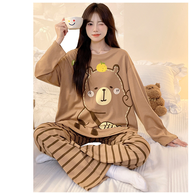 CARTO 카드 PIBALA COTTON PAJAMAS 여성의 가을 크루 넥 긴팔 바지 귀여운 패린 자식 홈 의류 세트