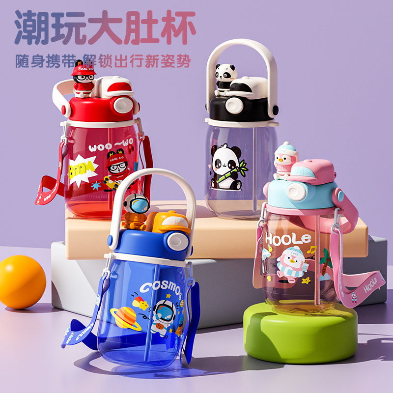Taza de agua de plástico para verano, doble función para beber, gran capacidad, alto valor facial, con correa para estudiantes.
