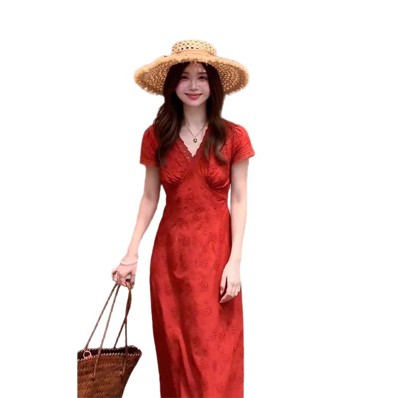 レトロなスタイルの赤い襟半袖ドレス女性の夏の新しいウエスト痩身ロングスカートファッション婦人服|undefined