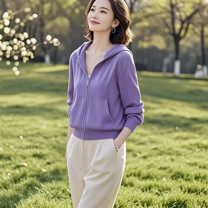 大码宽松卫衣女韩版2025春季新款中老年妈妈装纯色连帽外套女长袖|undefined