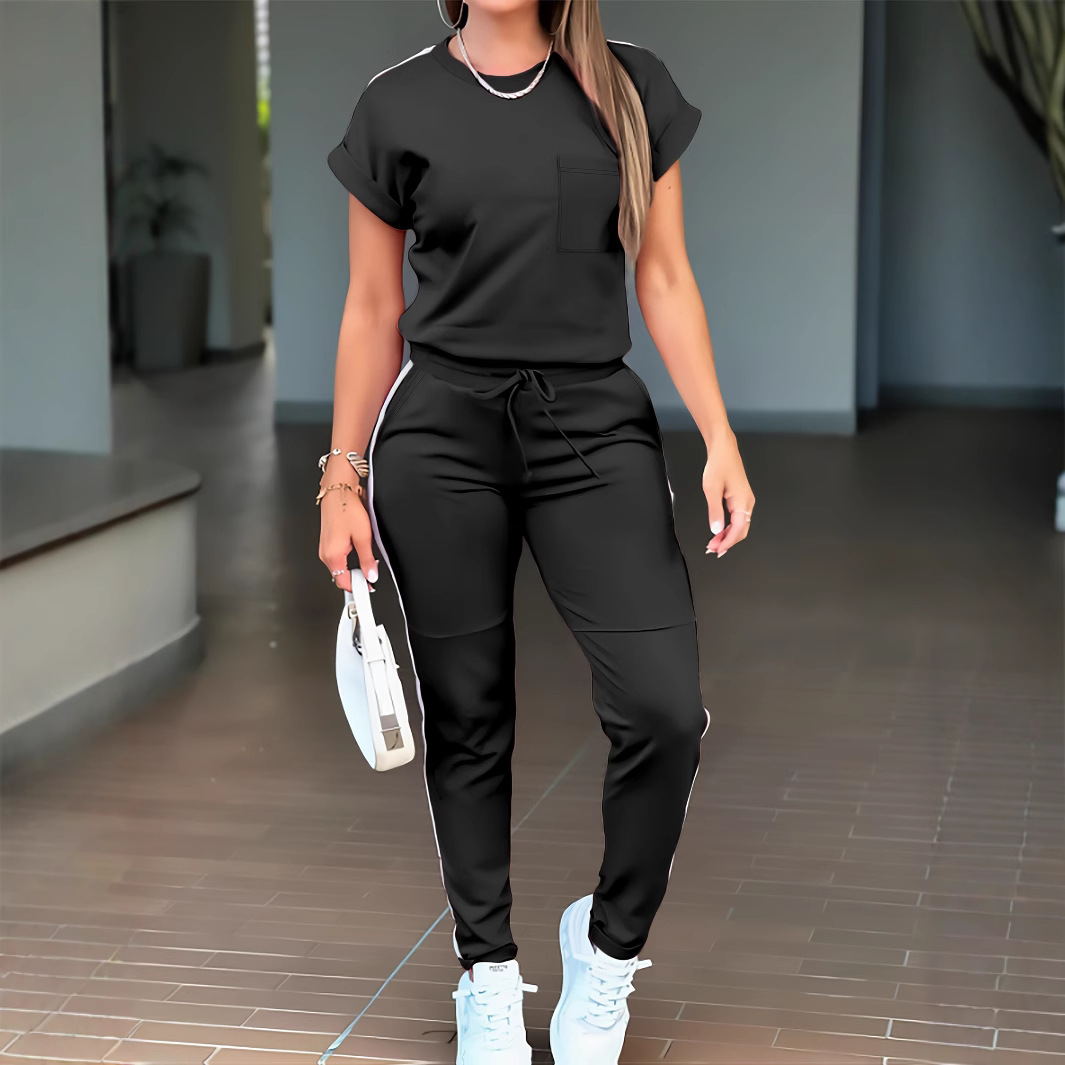 Lässiges Damen-Komfort-Set – Kurzarm-T-Shirt mit Rundhalsausschnitt und gerader Hose mit Taschen (Schwarz/Oliv/Matcha/Grau/Marineblau, S-XXL, Frühlings- und Sommer-Outfit)_voghion.com