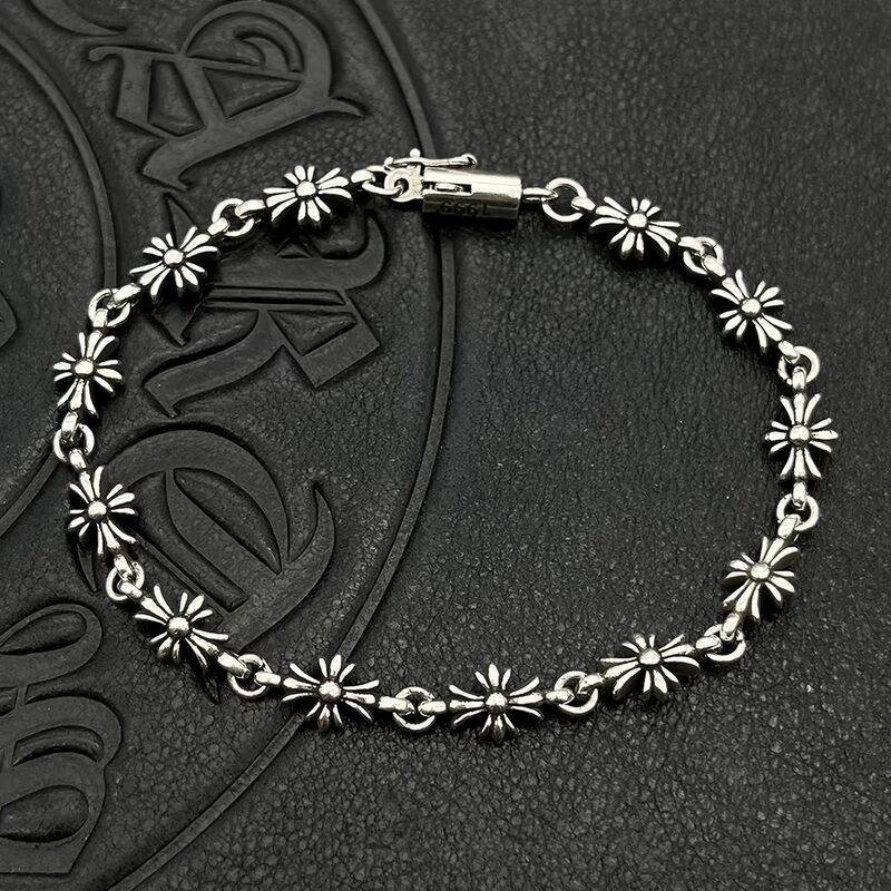 Trendy Jewelry Bracelet No Diamond Fine Cross Flower Men's and Women's Bracelet Thai Silver Retro Buckle Insert Cross-border Non-fading