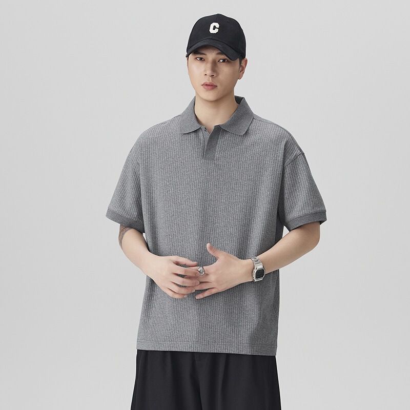 Waffle Texture Old Money Style Heavy-Duty Short-Sleeve Polo Shirt for Men, Summer New Loose Fit Turn-Down Collar T-Shirt for Men