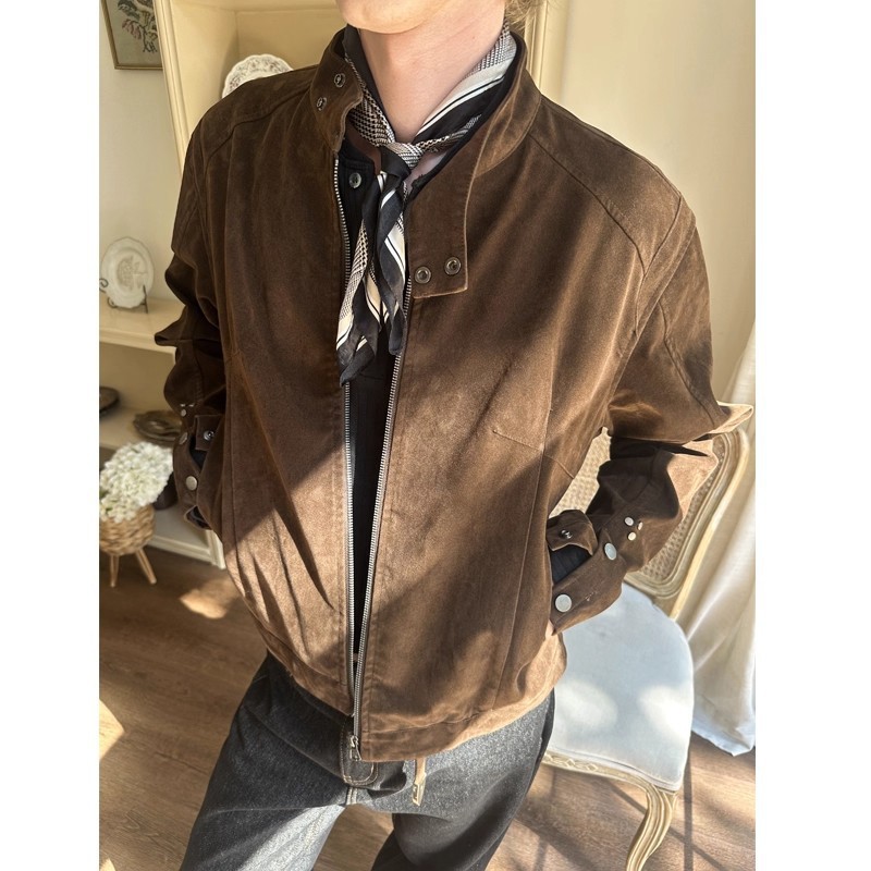 EME摩登年代美拉德咖色哈灵顿夹克男女秋季美式复古情侣麂皮外套