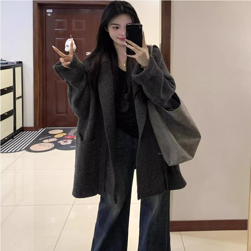 Lazy Style Gray Lapel Hooded Sweater Jacket for Women Autumn and Winter Thickeneded Loose Mid-Length Knitted Cardigan Top