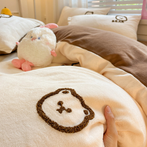 Cute Cartoon Milk Velvet Four-Piece Set Embroidered Baby Velvet Three-Piece Set Dual-Side Velvet Dorm Bedding for Autumn and Winter