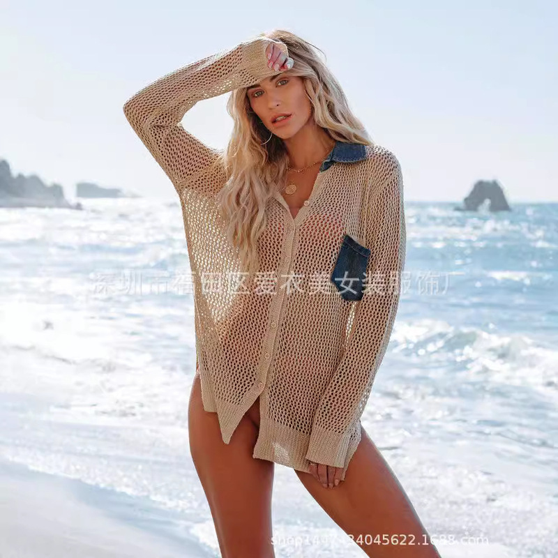 2025 Spring/Summer New Women's Clothing Aliexpress New Long-Sleeve Mesh Cardigan with Twist Button Denim Patchwork Pocket Blouse