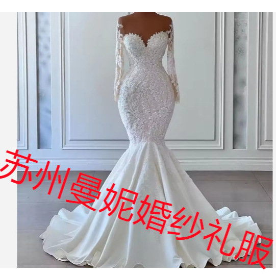 Amazon's New Foreign Trade Wedding Dress African Cross-Border Bride Wedding Mermaid Long-Sleeved Lace Wedding Dress Amazon's New Foreign Trade Wedding Dress African Cross-Border Bride Wedding Mermaid Long-Sleeved Lace Wedding Dress
